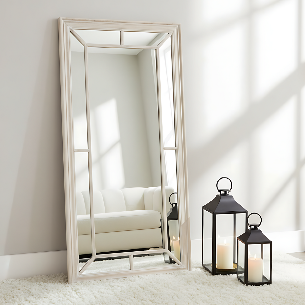 Large Washed Wood Framed Window Mirror
