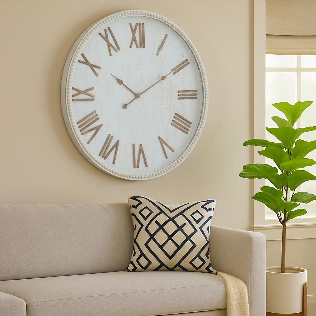 Large Rustic White Clock With Beaded Frame