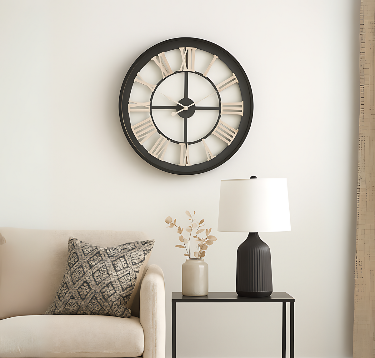 Black Framed Skeleton Clock With White Roman Numerals