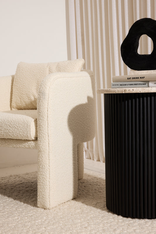 Walton Travertine Top Side Table with Black Acacia Wood Base