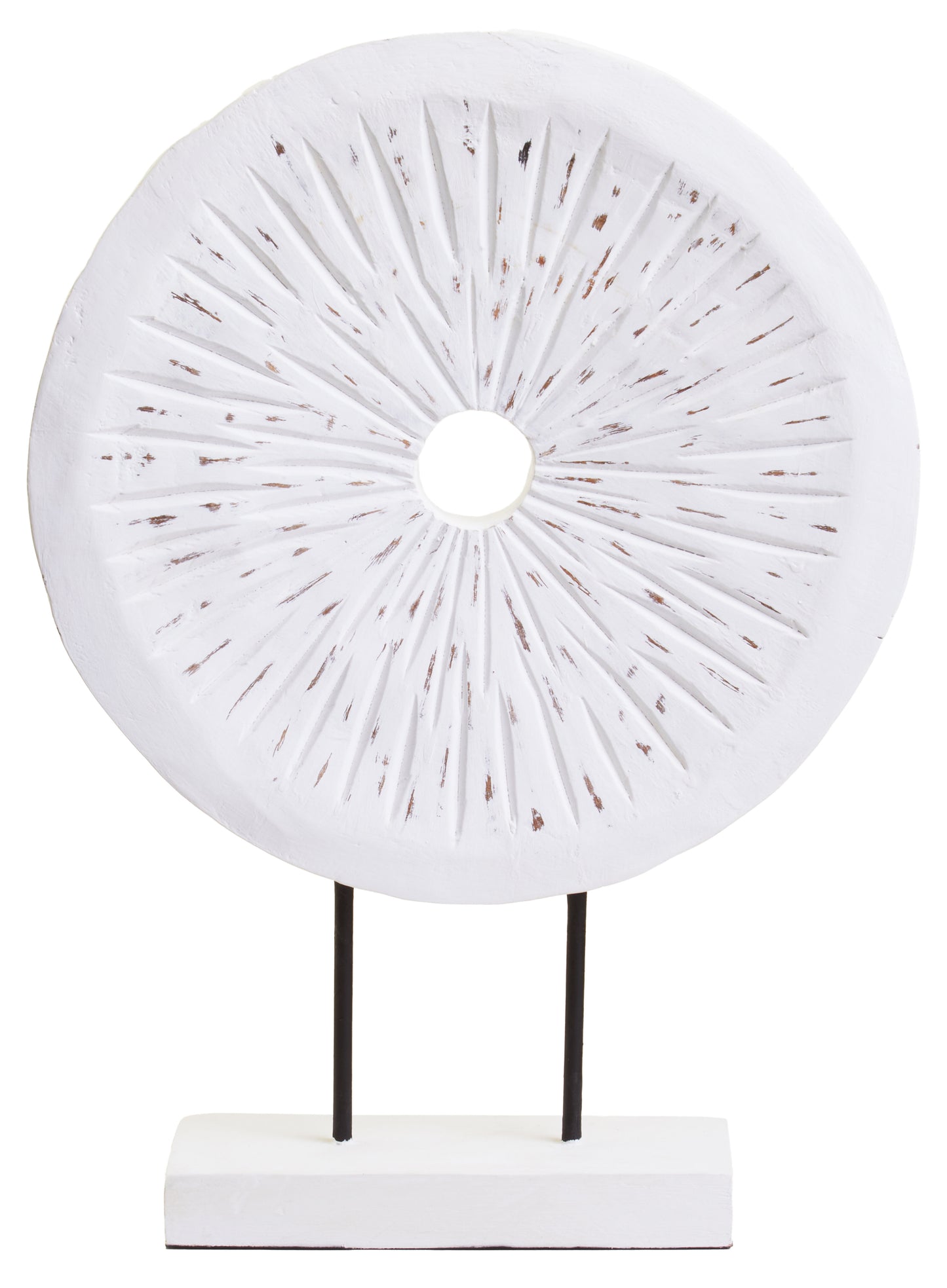 Fidel Distressed White Carved Wood Large Round Sculpture