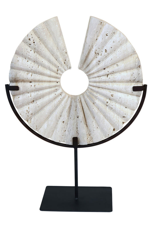 Tibor Travertine Disc Sculpture With Black Metal Base
