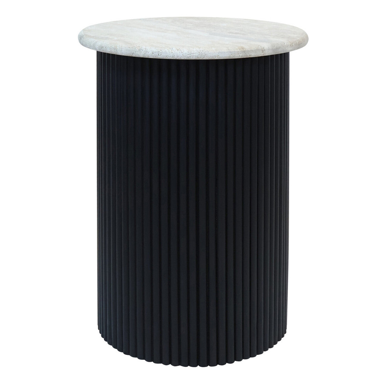 Walton Travertine Top Side Table with Black Acacia Wood Base