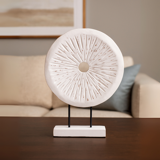 Fidel Distressed White Carved Wood Large Round Sculpture