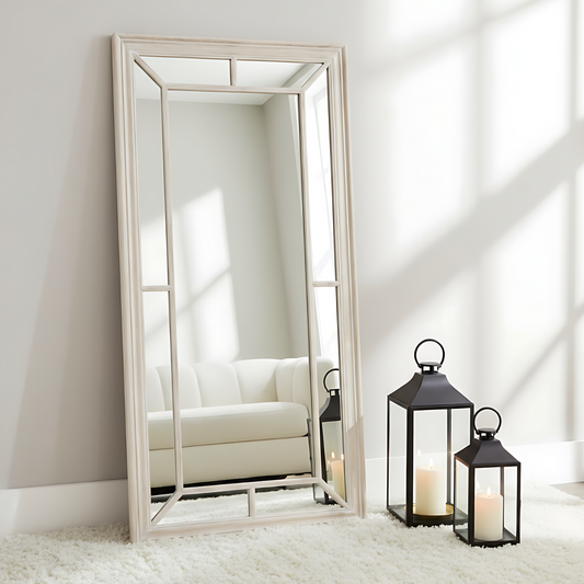 Large Washed Wood Framed Window Mirror
