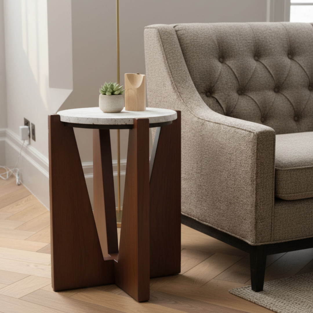 Winton Travertine Top Side Table With Acacia Wood Frame