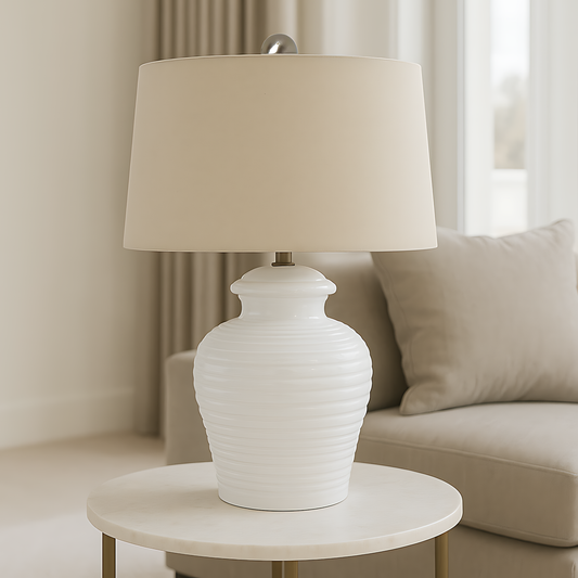 White Ceramic Pot Lamp With Linen Shade