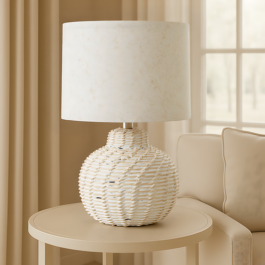 White Wash Small Bulbous Wicker Table Lamp With Linen Shade