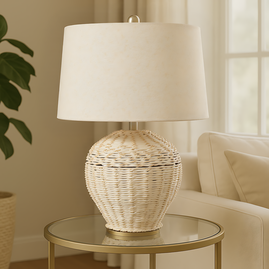 White Wash Wicker Table Lamp With Linen Shade