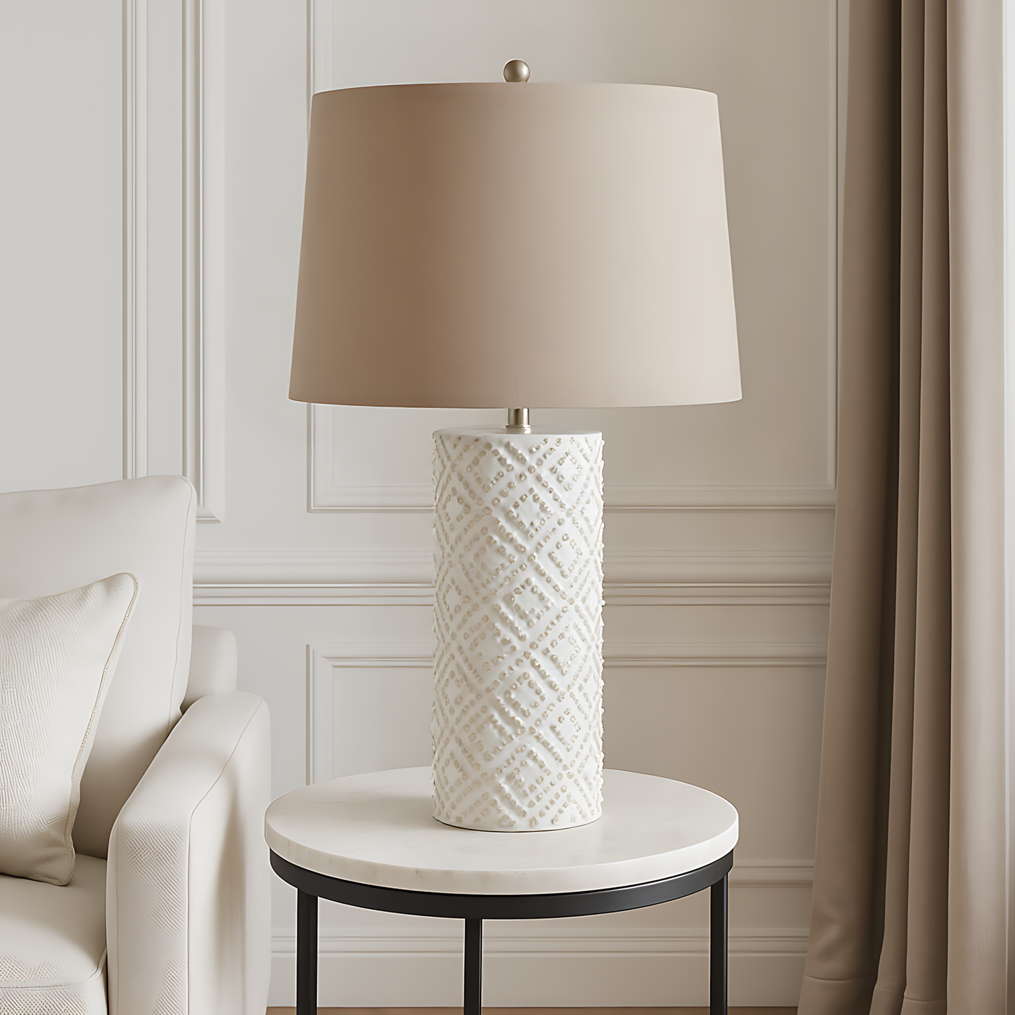 White Beaded Ceramic Lamp With Linen Shade