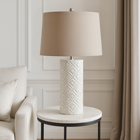 White Beaded Ceramic Lamp With Linen Shade