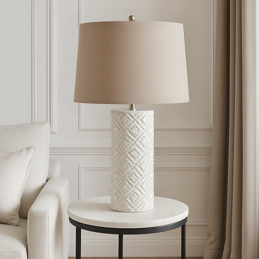 White Beaded Ceramic Lamp With Linen Shade