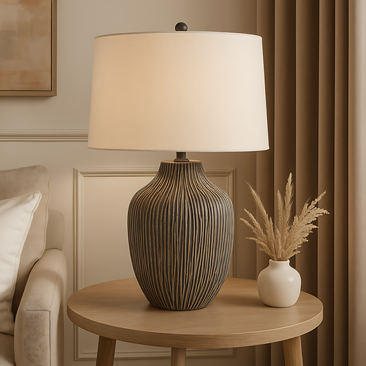 Ochre Carved Textured Table Lamp With Linen Shade