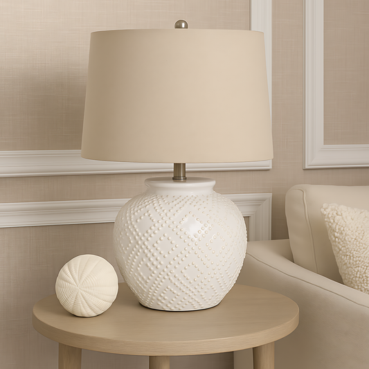 Squat White Beaded Ceramic Lamp With Linen Shade