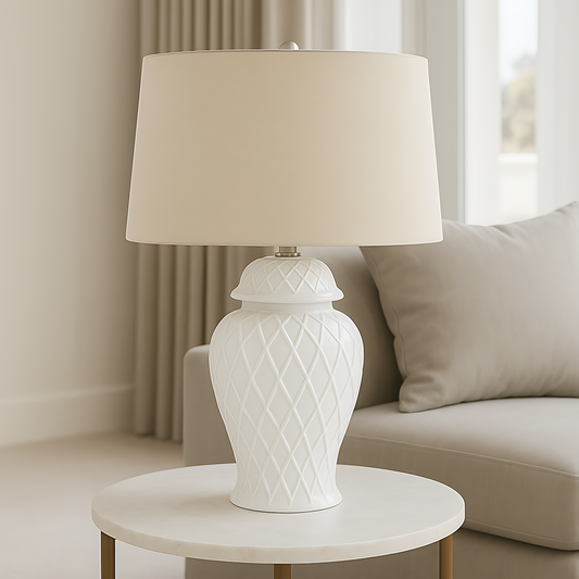 White Ceramic Ginger Jar Lamp With Linen Shade