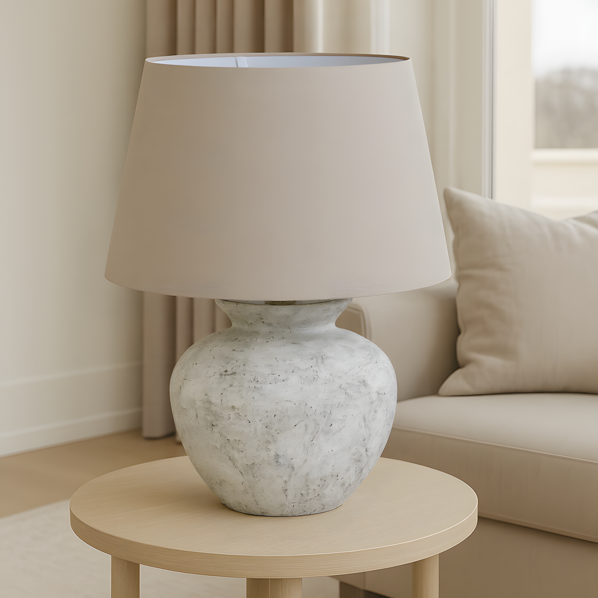 Darcy Antique White Round Table Lamp With Linen Shade