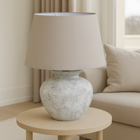 Darcy Antique White Round Table Lamp With Linen Shade