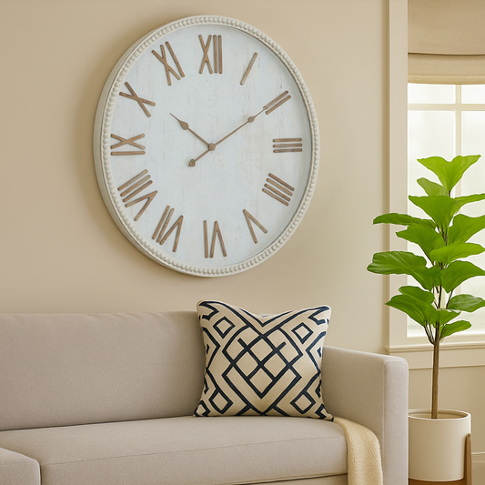 Large Rustic White Clock With Beaded Frame