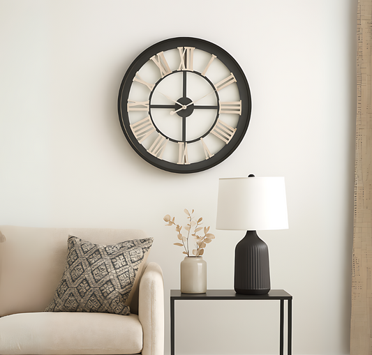 Black Framed Skeleton Clock With White Roman Numerals